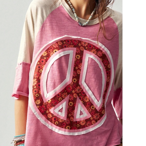 Boho Color block Floral print Peace Patchwork Loose Fit Top - Picture 2 of 5